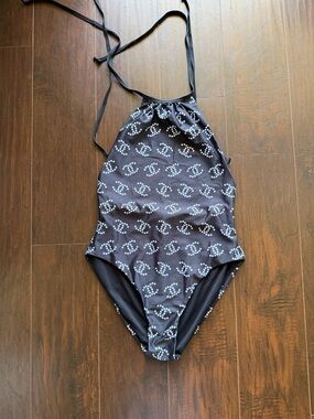 Women Black Halter One-Piece Swimsuit with White Dot Logo Pattern